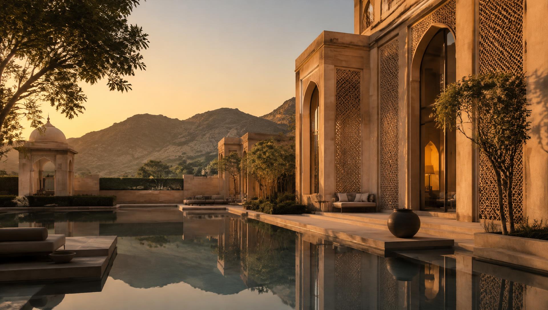 Sandstone villa with reflecting pool at sunset, Jaipur